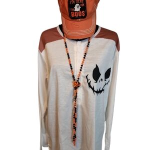 White and Brown Skull Print Long Sleeve Top